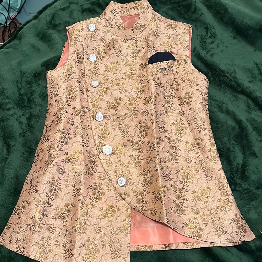 Pink Woven Art Silk Jacquard Asymmetric Nehru Jacket